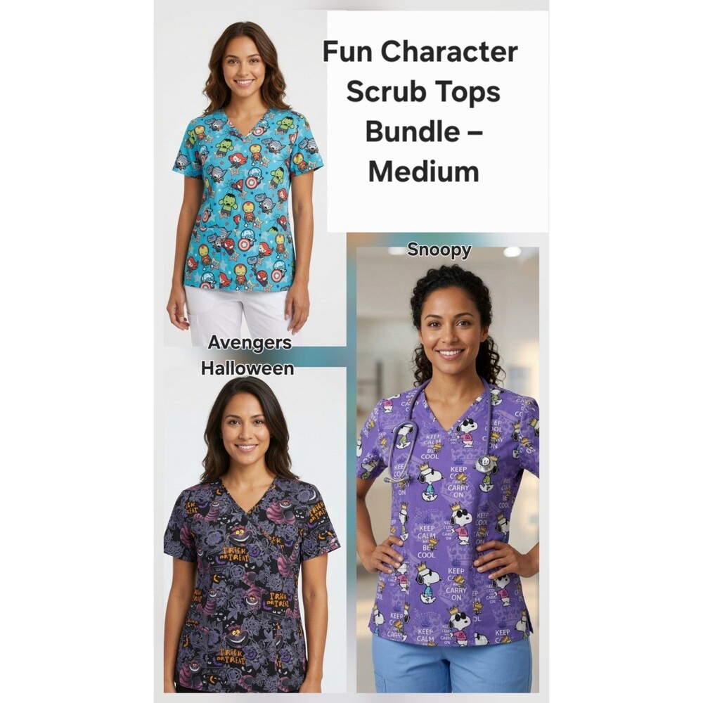 ​3 Character Scrub Tops Medium M Marvel Avengers Snoopy Cheshire Cat Halloween